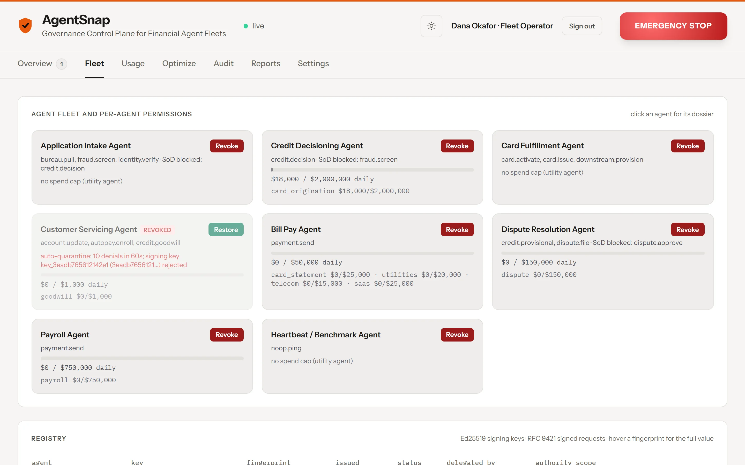 Fleet view: eight agent cards with their granted actions, separation-of-duties blocks, daily caps with spend bars, and the servicing agent shown revoked after auto-quarantine with a Restore button.