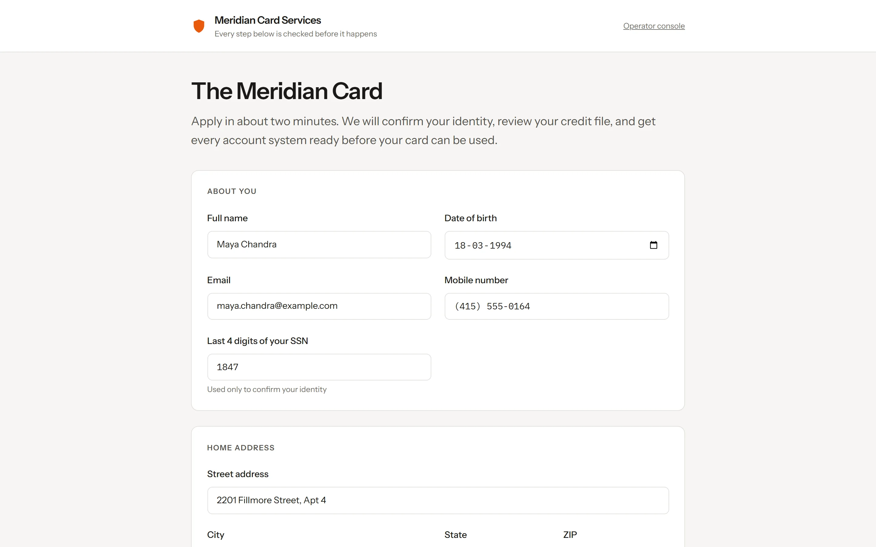 The customer screen: a Meridian Card application form. Every step is a real action through the real gateway.